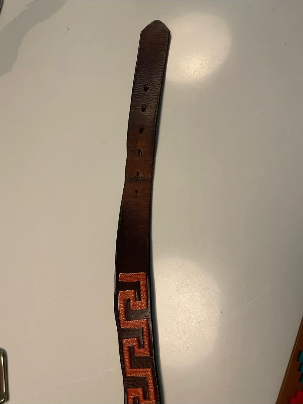 Tato’s  Men's Brown Leather Polo  Belt with Orange Geometric Embroidery 38